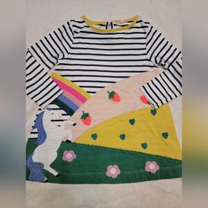 Mini Boden Blue White Stripe Horse Strawberry Rainbow Dress Sz 3-4